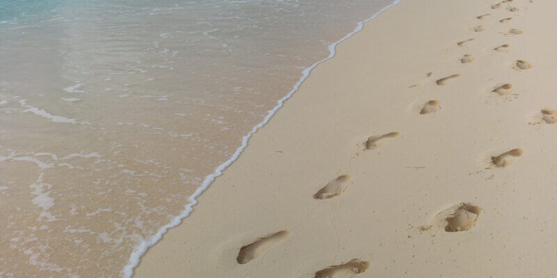 vele voetstappen in het zand